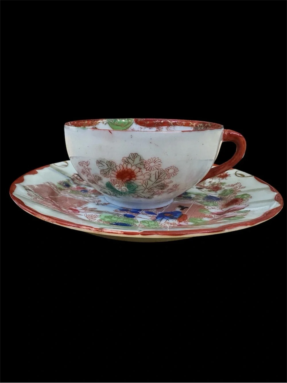 Vintage Japanese Hand Painted Teacup and Saucer Set. Geisha and Floral Landscape